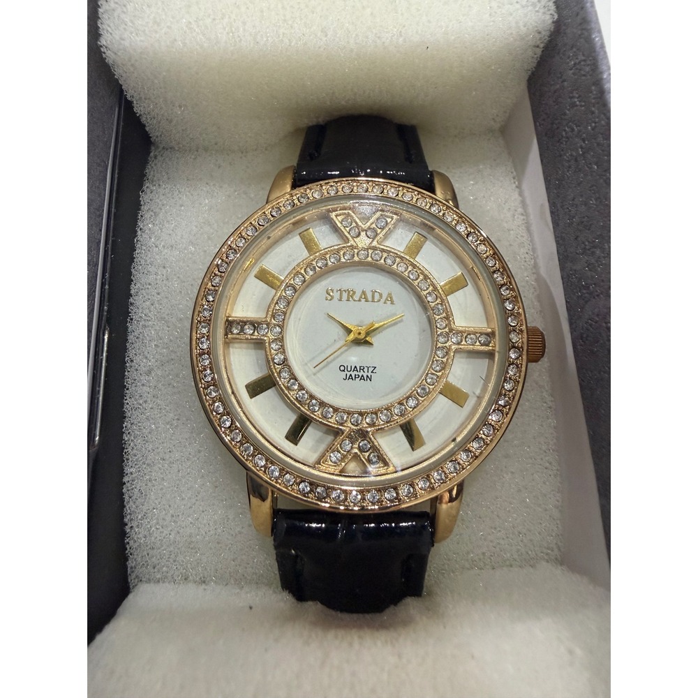 Strada Womens Gold Tone Crystal Accent Quartz Watch Black Leather Strap Boxed - Picture 2 of 4